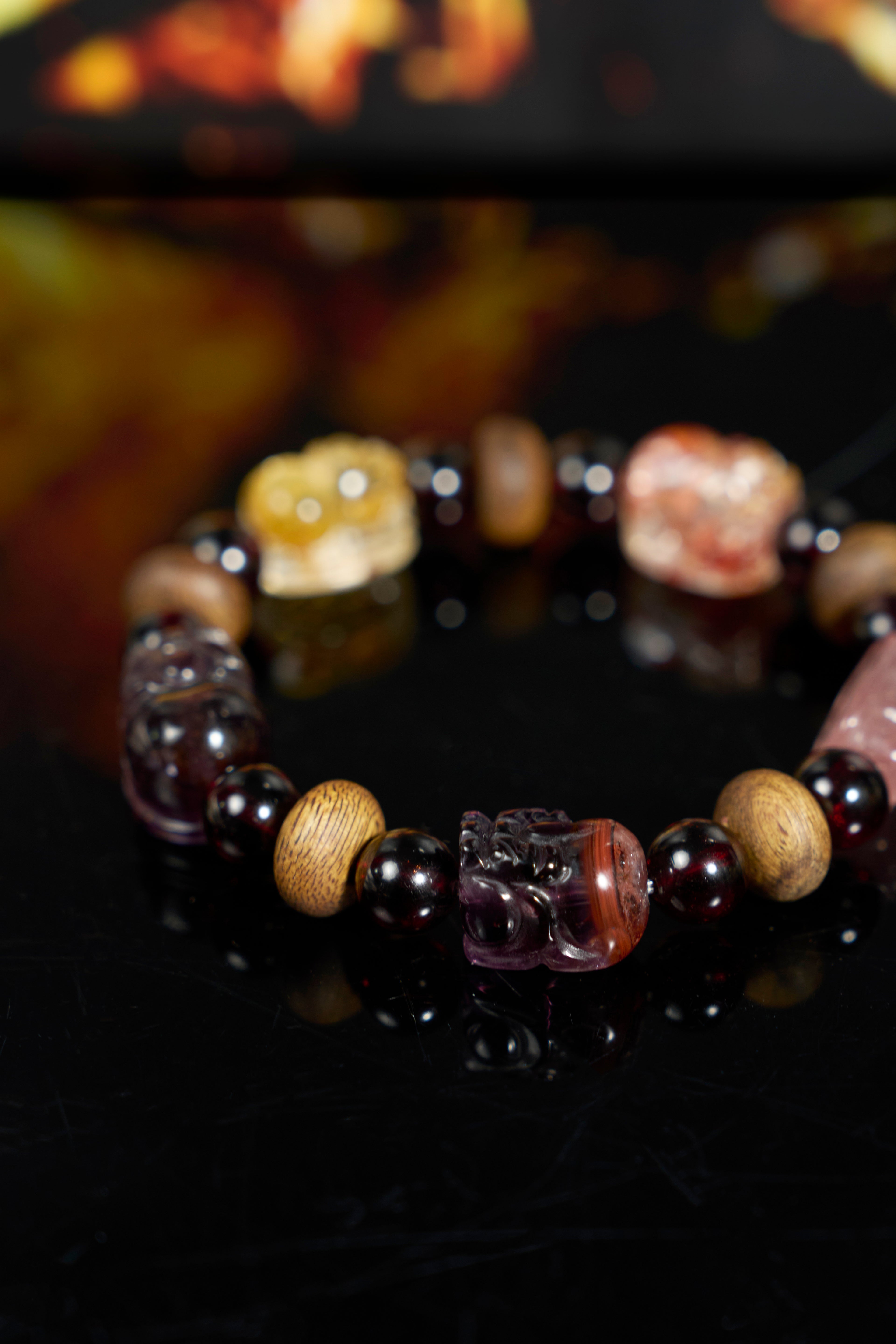 Agarwood-Garnet-Auralite-Red & Yellow Hematoid Quartz Pixiu Braclect