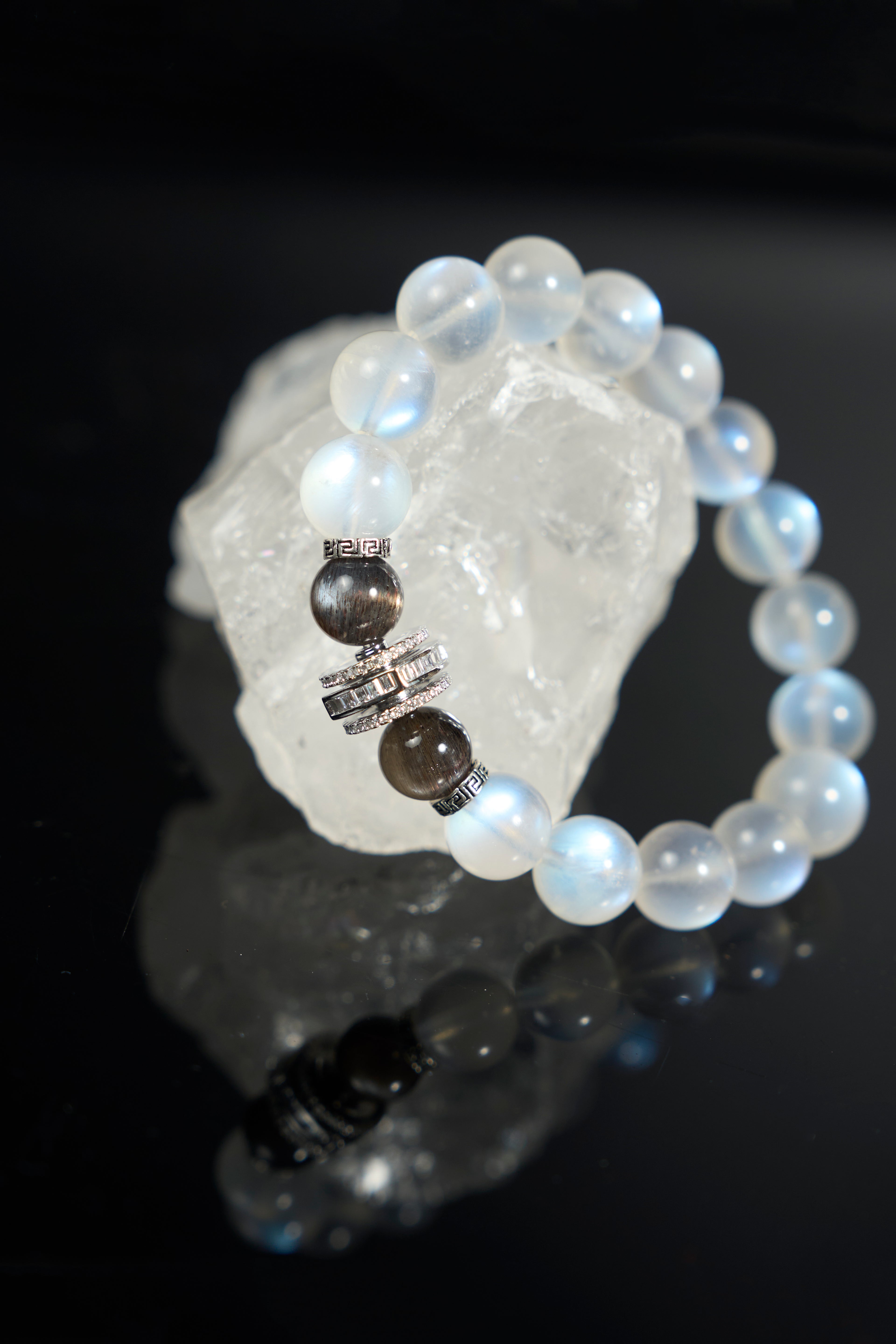 Moonstone-Black Skeletal Quartz Bracelet