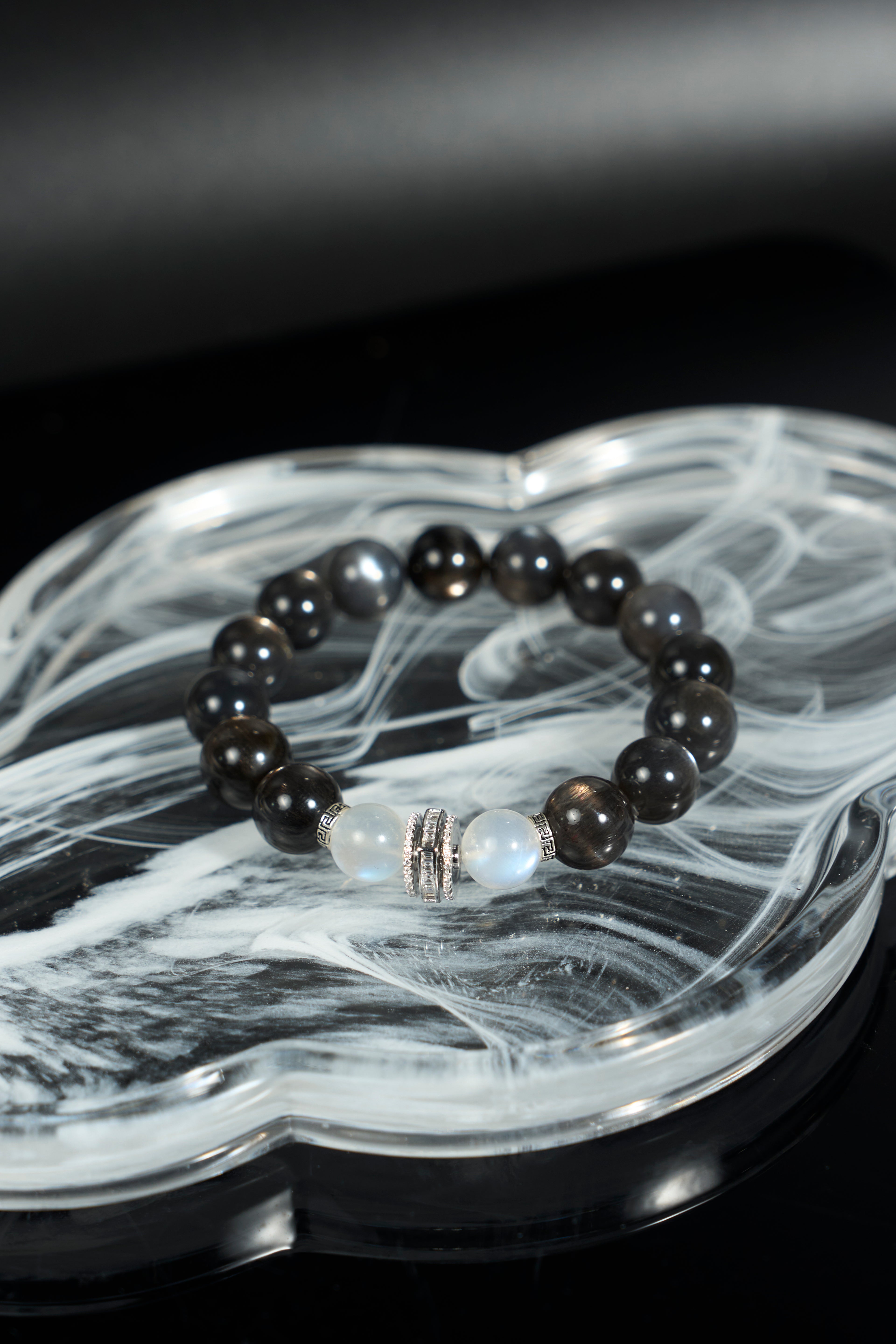 Black Skeletal Quartz-Moonstone Bracelet