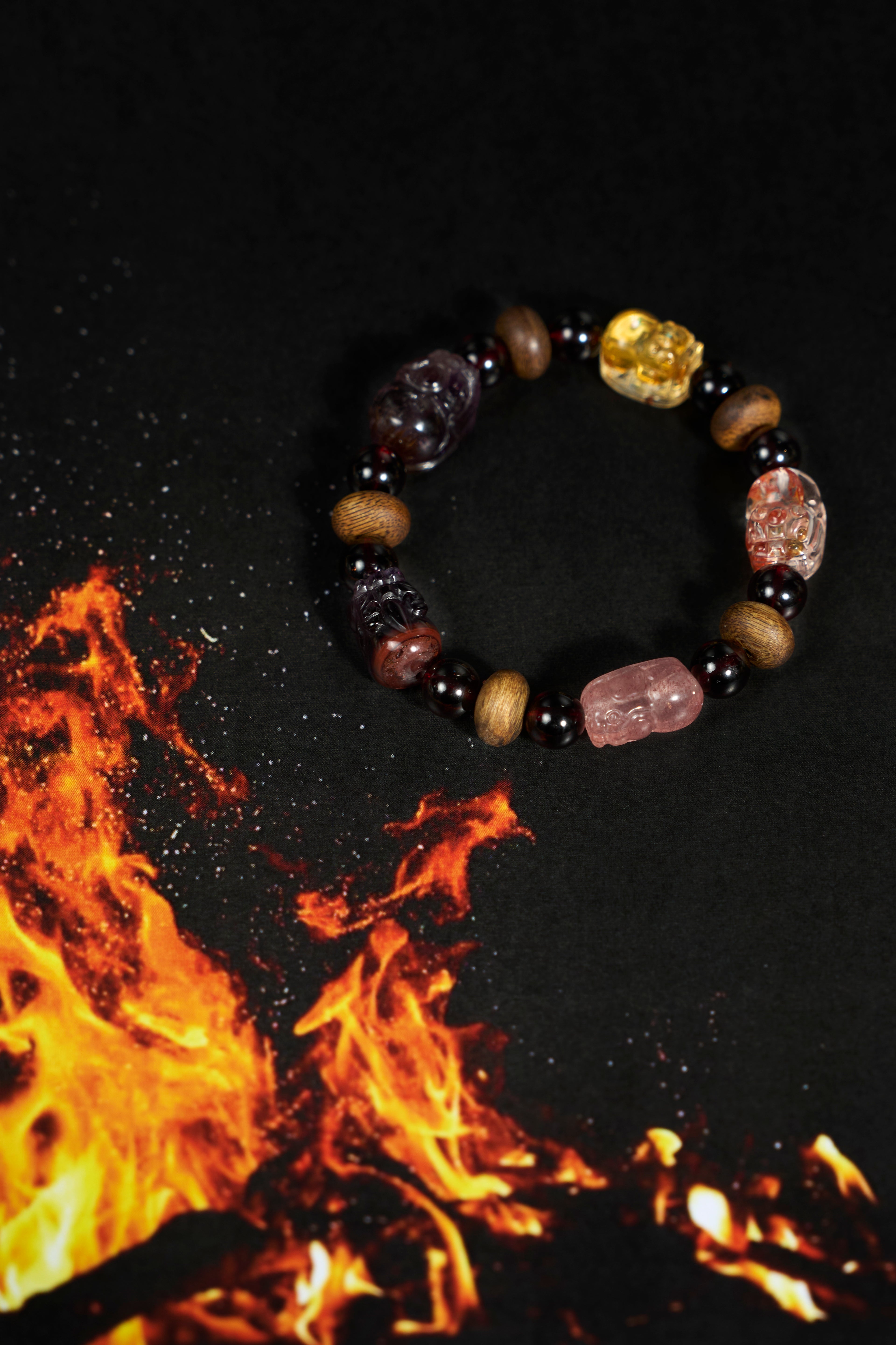 Agarwood-Garnet-Auralite-Red & Yellow Hematoid Quartz Pixiu Braclect